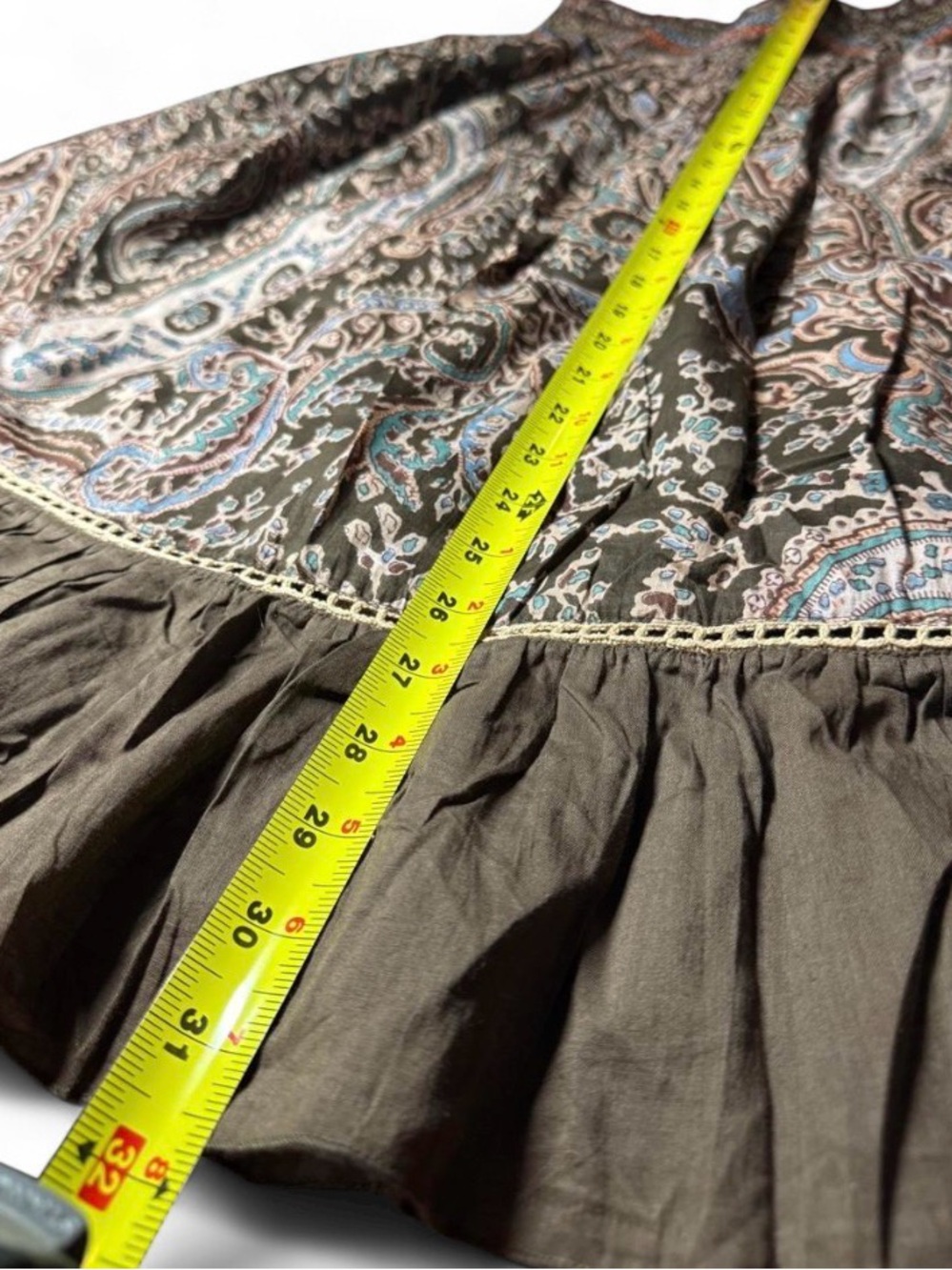 Y2K Paisley Boho Midi Skirt Brown Blue Orange Smocked Dress Western Festival - M - Picture 3 of 8